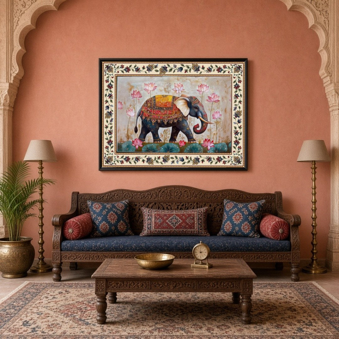 Immerse yourself in the majestic presence of a regal elephant adorned with intricate patterns, set for Living Room