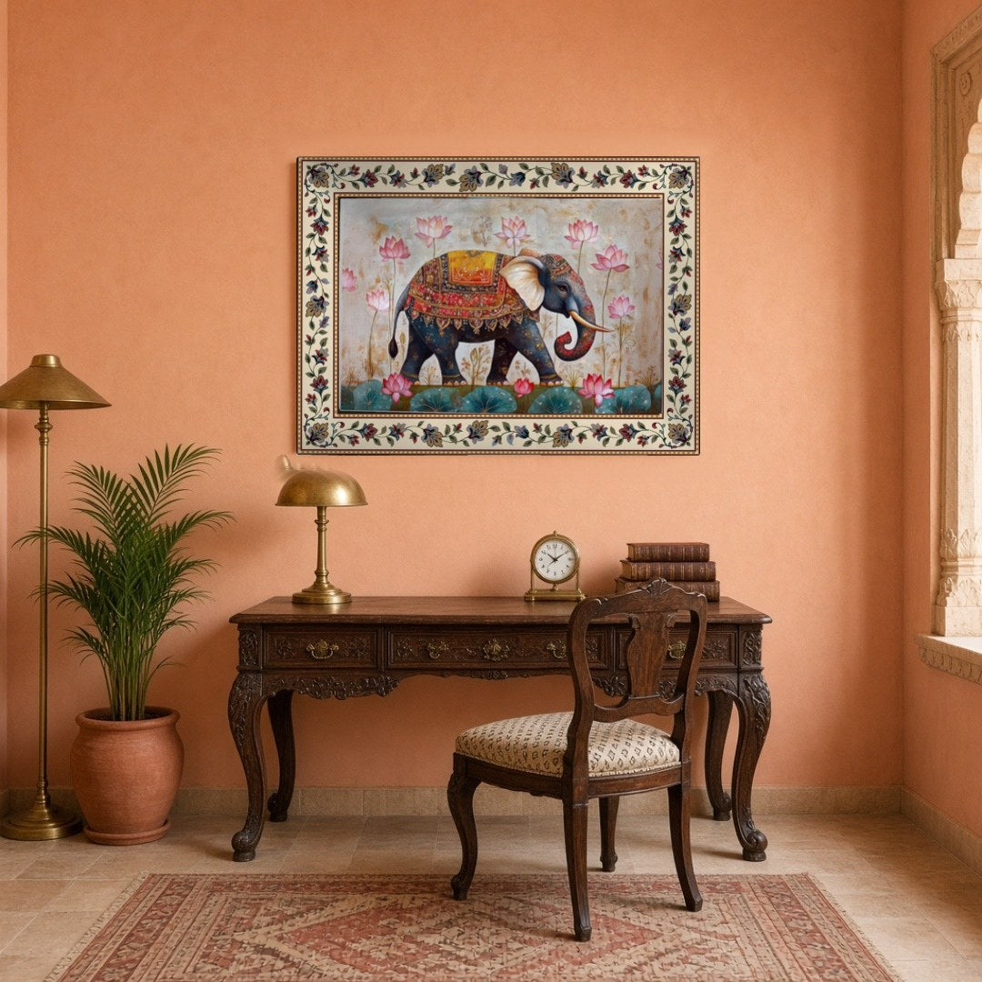 Immerse yourself in the majestic presence of a regal elephant adorned with intricate patterns, set for Study