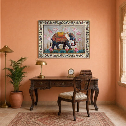 Immerse yourself in the majestic presence of a regal elephant adorned with intricate patterns, set for Study