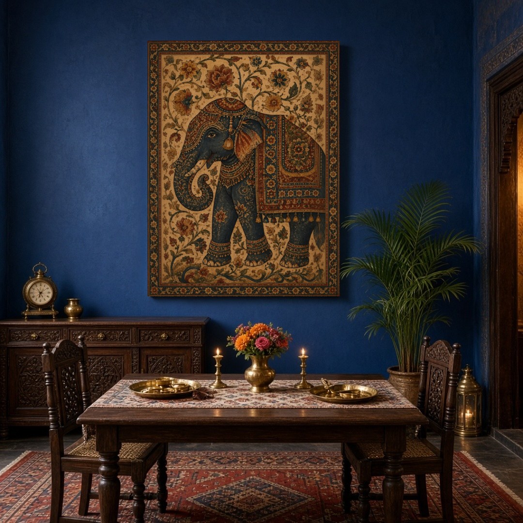 Experience the majestic allure of the regal elephant adorned with intricate patterns in this for Dining
