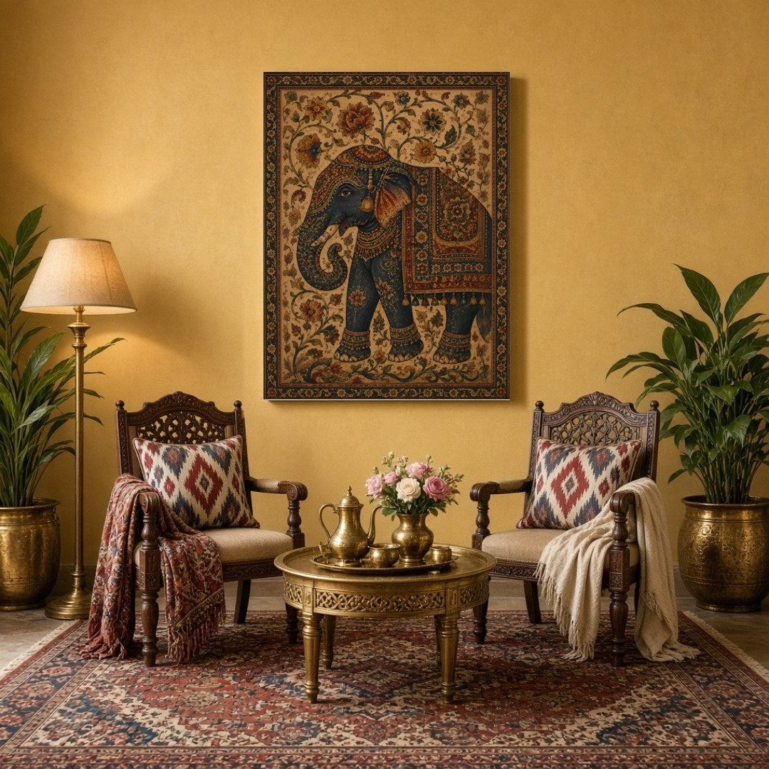Experience the majestic allure of the regal elephant adorned with intricate patterns in this for Sitting Area