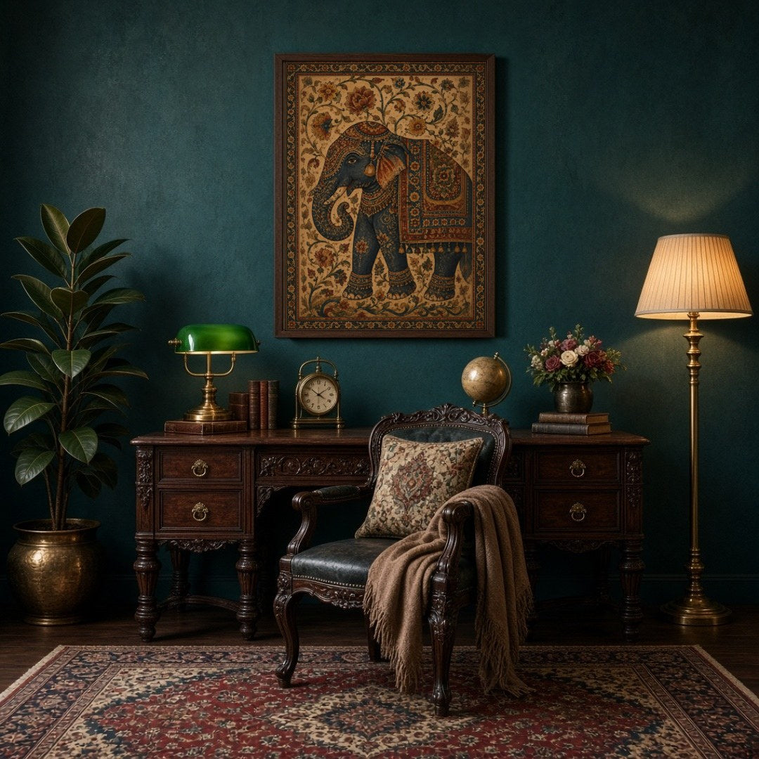 Experience the majestic allure of the regal elephant adorned with intricate patterns in this for Study