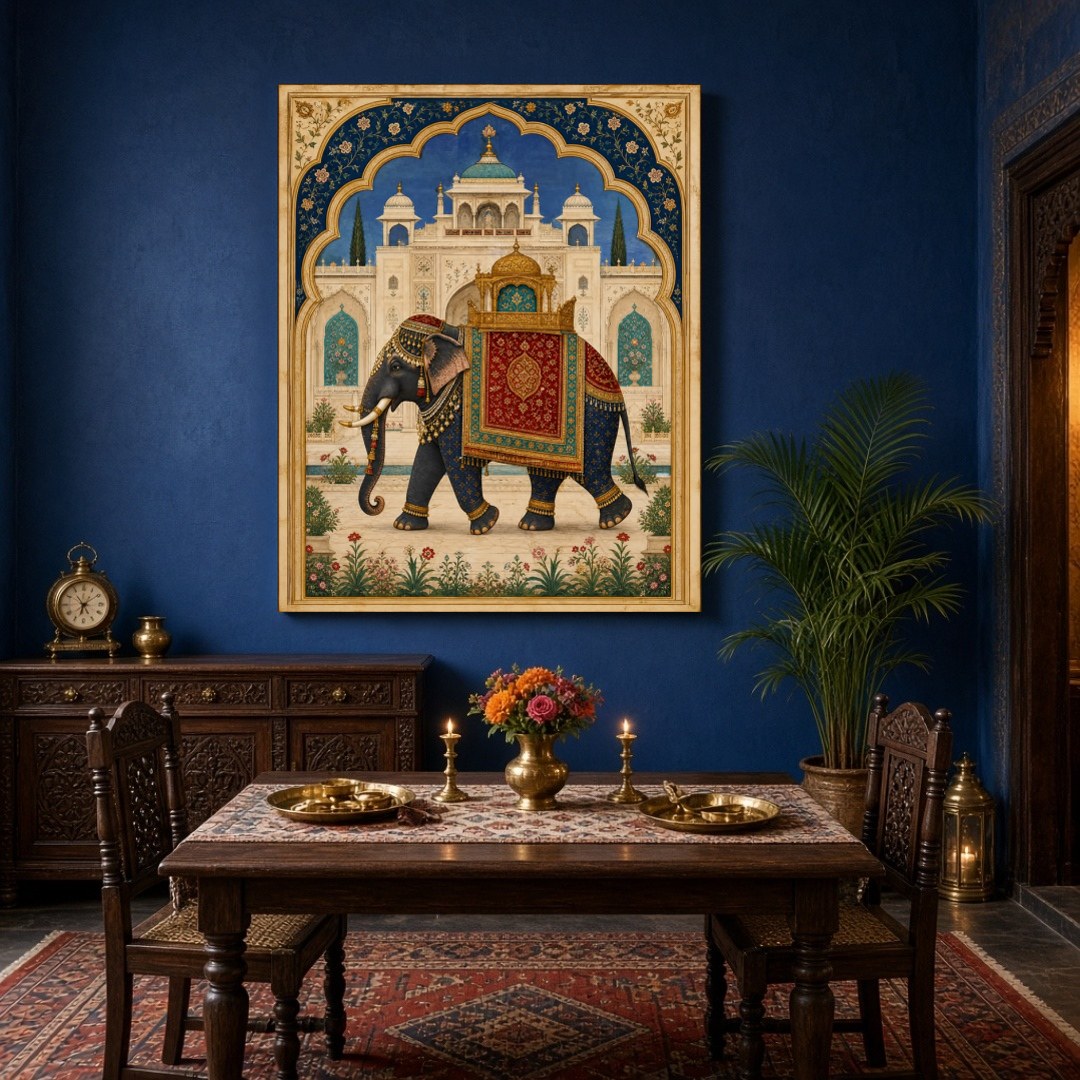 Capture the grandeur of a regal elephant adorned in ornate trappings, set against the backdrop of a for Dining
