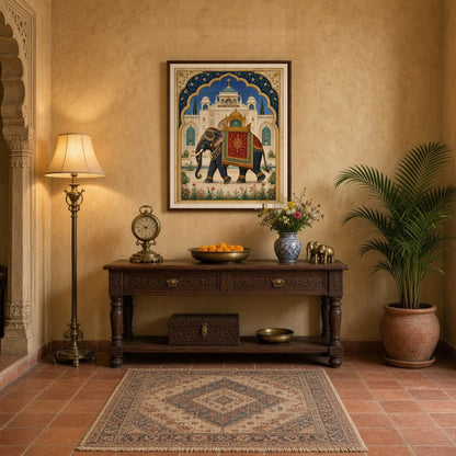 Capture the grandeur of a regal elephant adorned in ornate trappings, set against the backdrop of a for Entrance