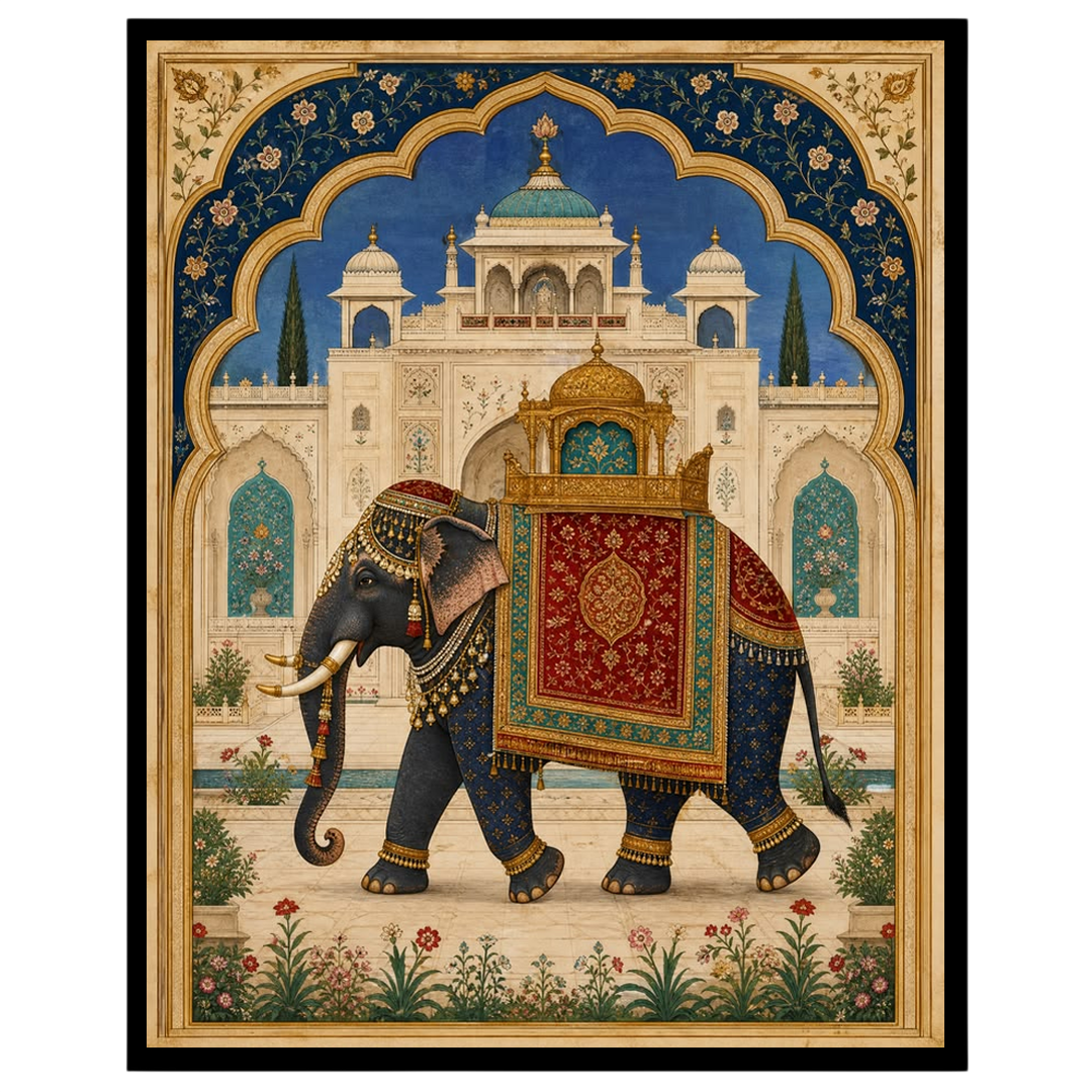 Capture the grandeur of a regal elephant adorned in ornate trappings, set against the backdrop of a for gallery