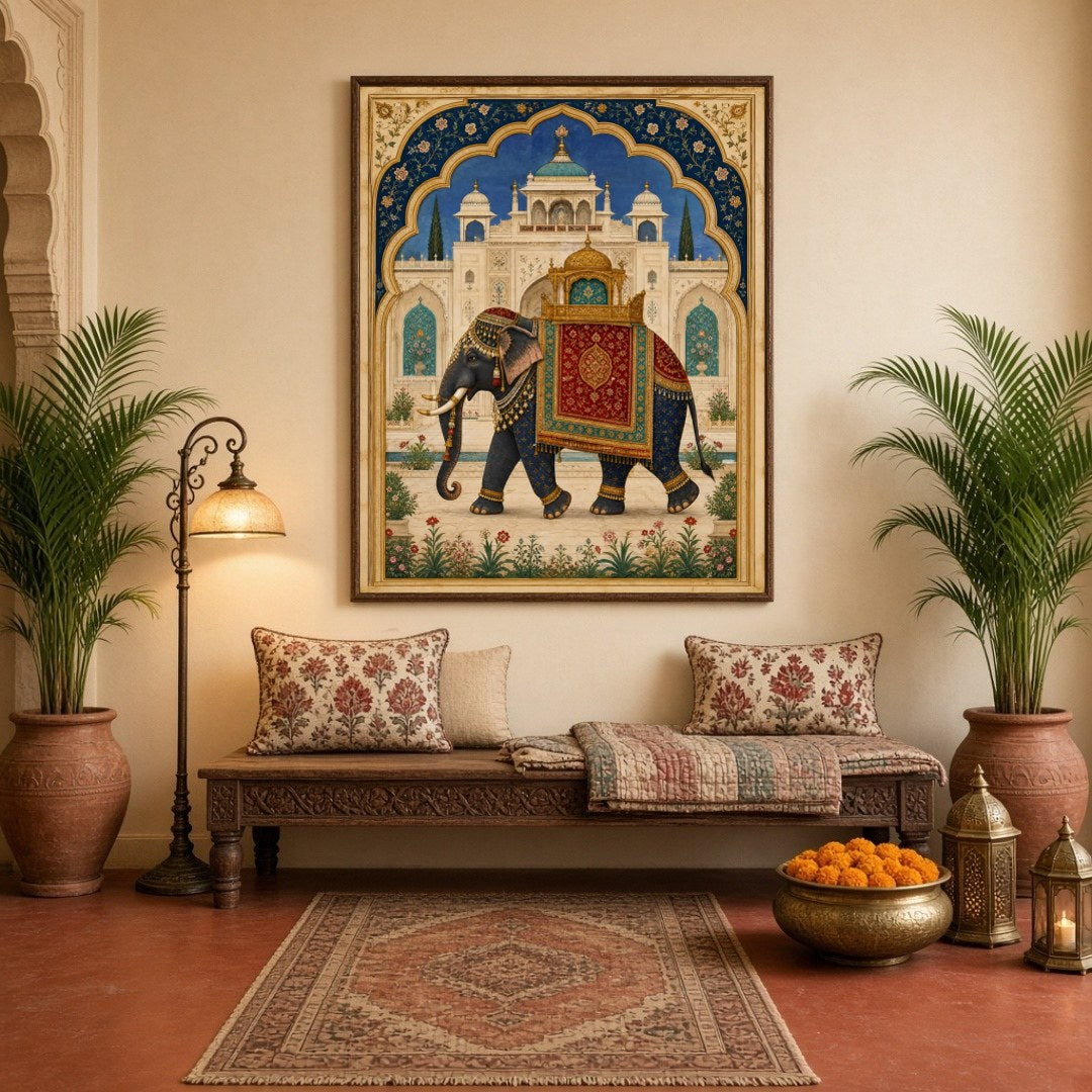 Capture the grandeur of a regal elephant adorned in ornate trappings, set against the backdrop of a for Hallway