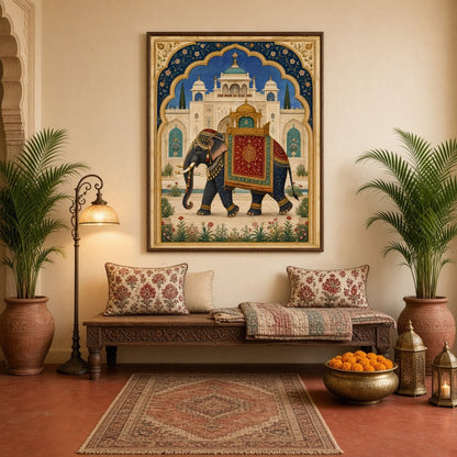 Capture the grandeur of a regal elephant adorned in ornate trappings, set against the backdrop of a for Hallway
