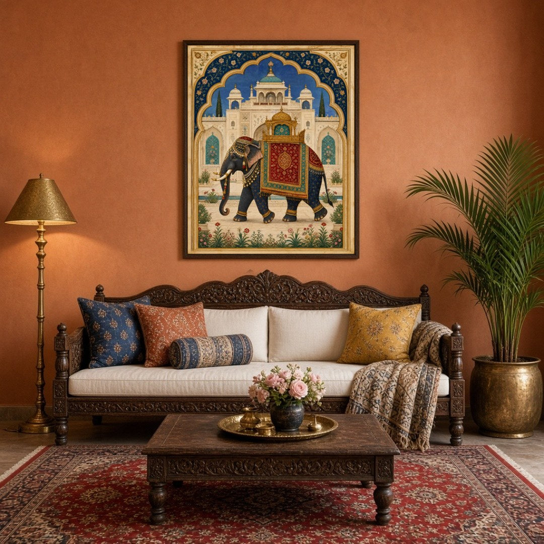 Capture the grandeur of a regal elephant adorned in ornate trappings, set against the backdrop of a for Living Room