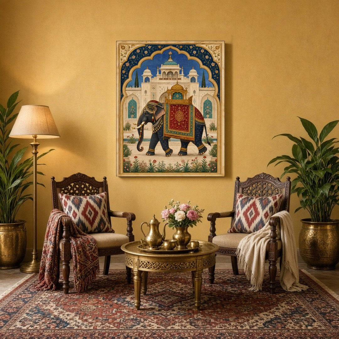Capture the grandeur of a regal elephant adorned in ornate trappings, set against the backdrop of a for Sitting Area