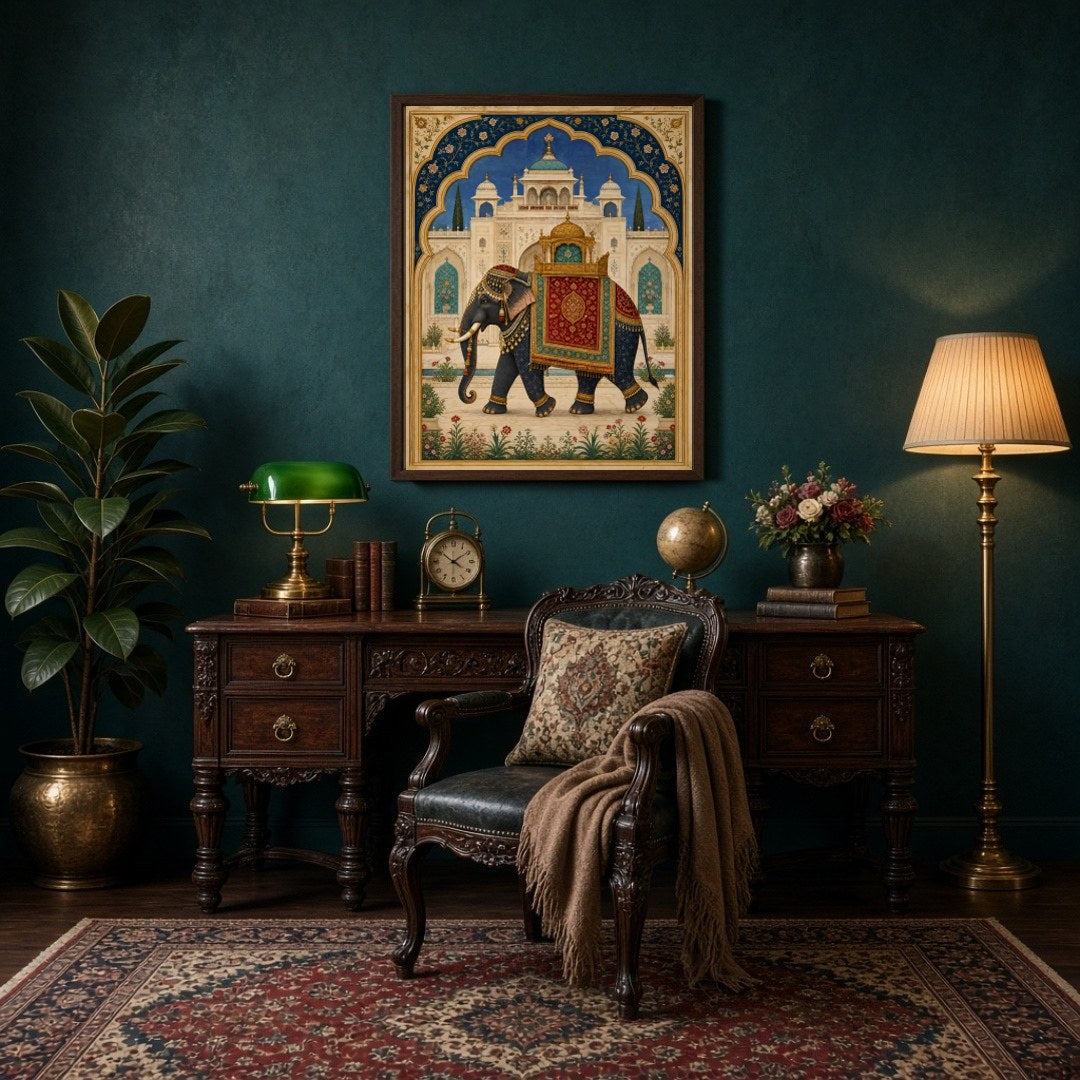 Capture the grandeur of a regal elephant adorned in ornate trappings, set against the backdrop of a for Study