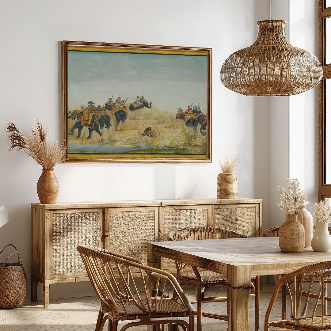 Step into a bygone era with this exquisite artwork showcasing a majestic elephant procession amidst for Dining
