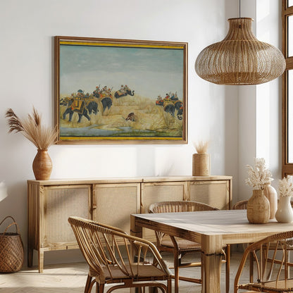 Step into a bygone era with this exquisite artwork showcasing a majestic elephant procession amidst for Dining