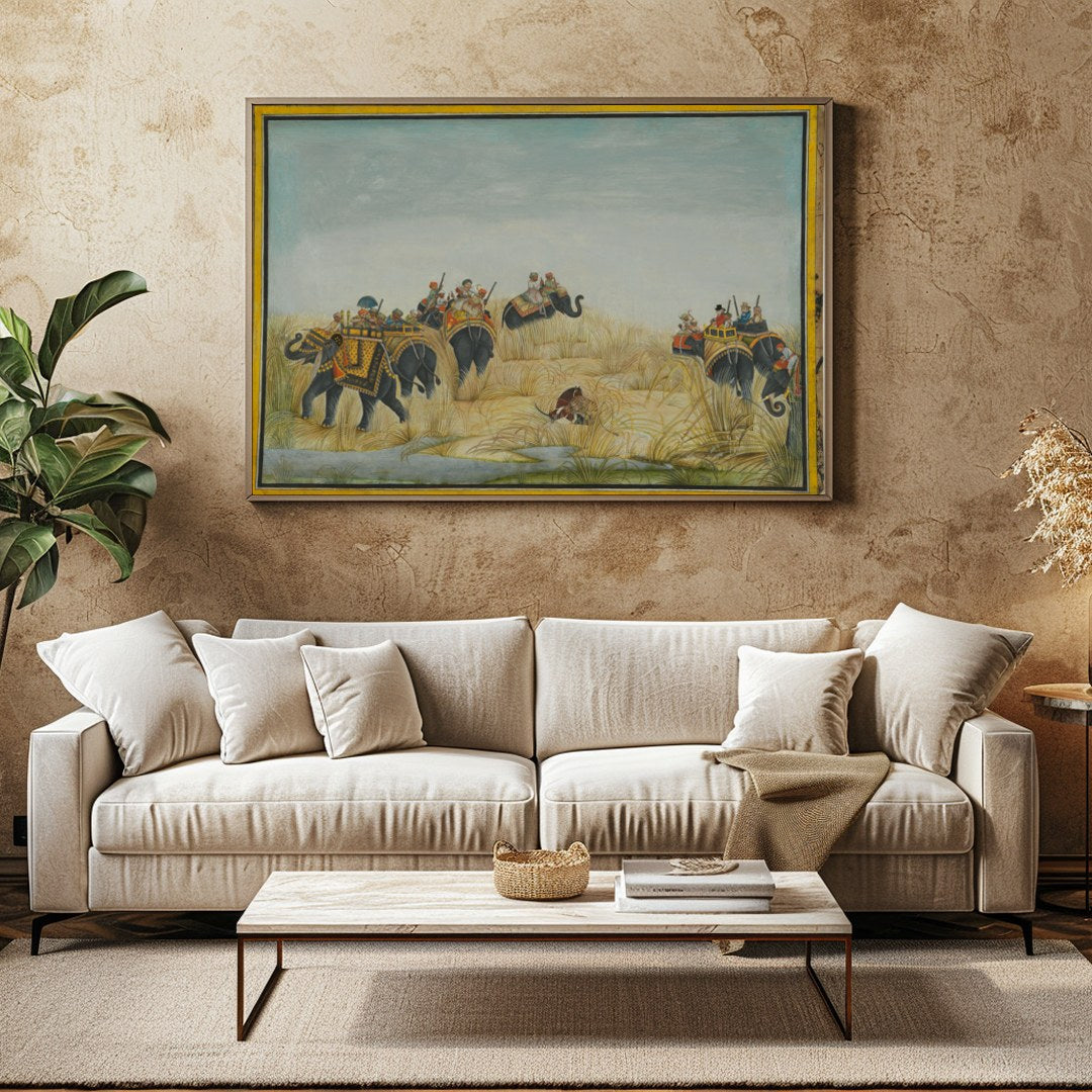 Step into a bygone era with this exquisite artwork showcasing a majestic elephant procession amidst for Family Room