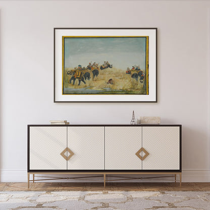 Step into a bygone era with this exquisite artwork showcasing a majestic elephant procession amidst for Foyer