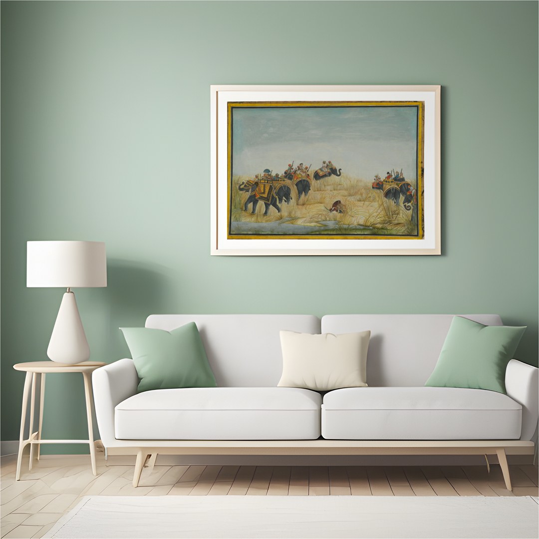 Step into a bygone era with this exquisite artwork showcasing a majestic elephant procession amidst for Hall