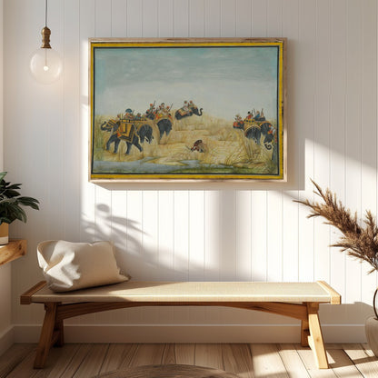 Step into a bygone era with this exquisite artwork showcasing a majestic elephant procession amidst for Hallway