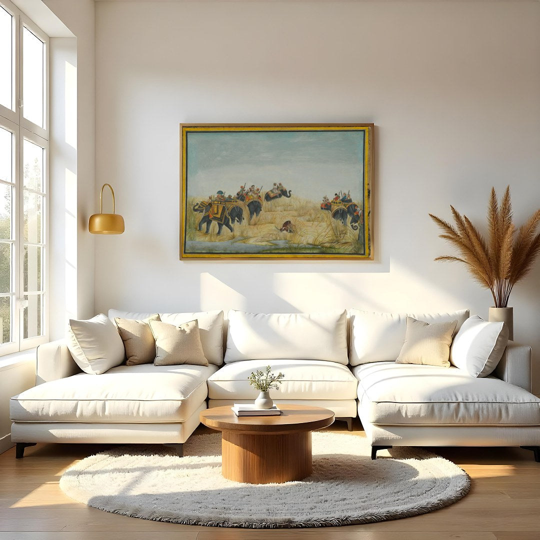 Step into a bygone era with this exquisite artwork showcasing a majestic elephant procession amidst for Living Room