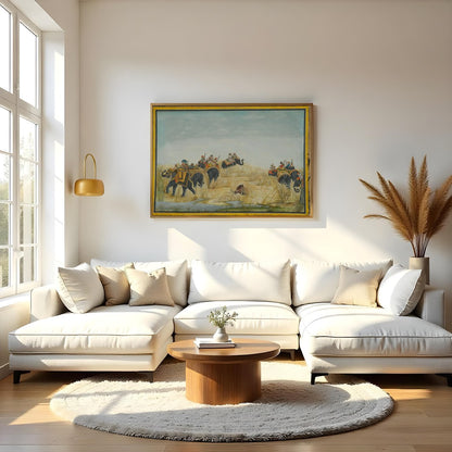Step into a bygone era with this exquisite artwork showcasing a majestic elephant procession amidst for Living Room