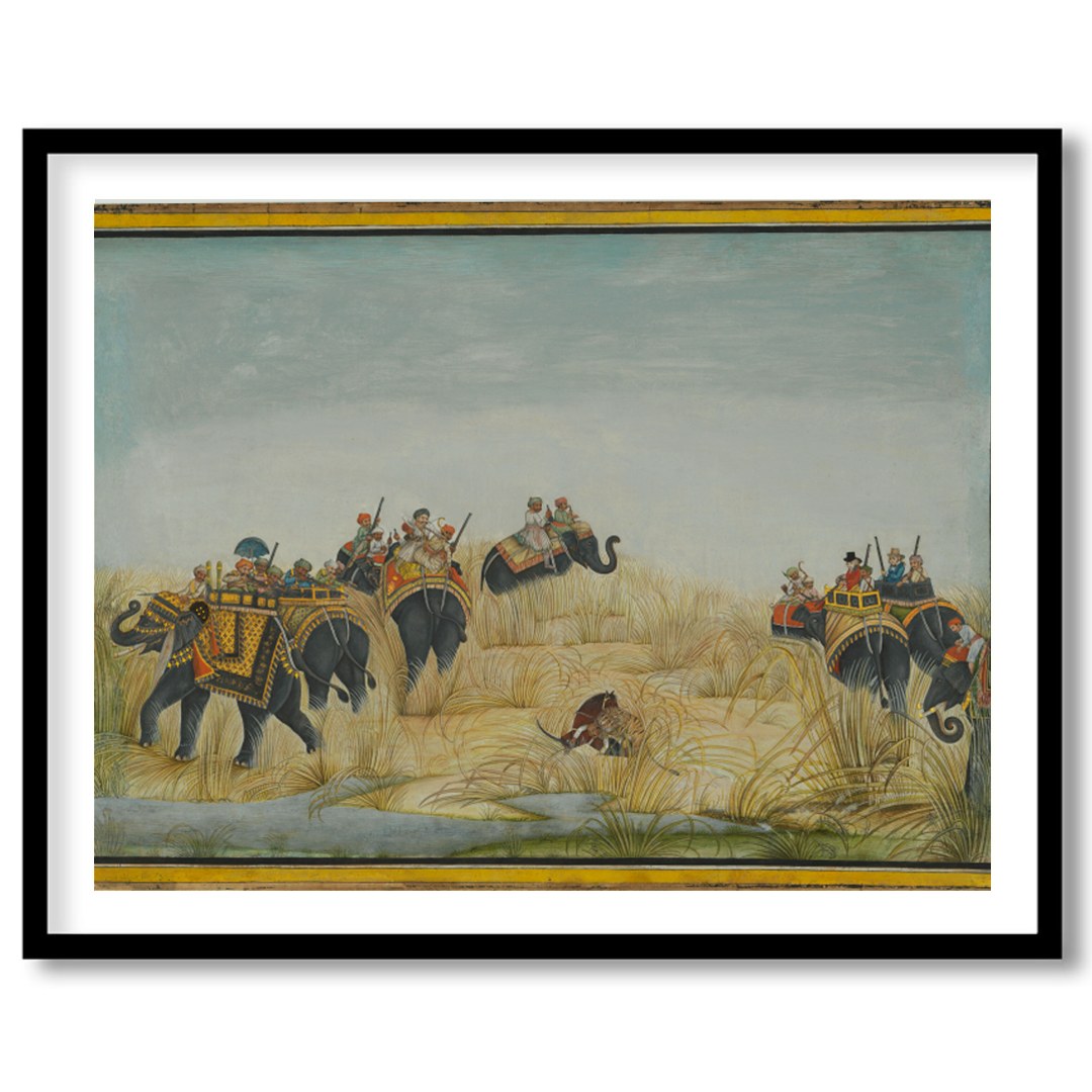 Step into a bygone era with this exquisite artwork showcasing a majestic elephant procession amidst for retreat