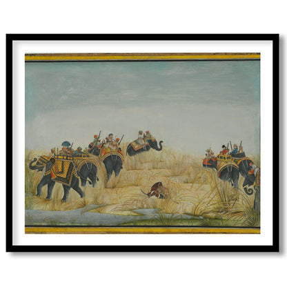 Step into a bygone era with this exquisite artwork showcasing a majestic elephant procession amidst for retreat