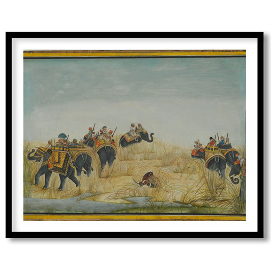 Step into a bygone era with this exquisite artwork showcasing a majestic elephant procession amidst for retreat