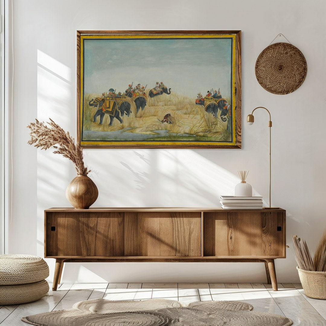 Step into a bygone era with this exquisite artwork showcasing a majestic elephant procession amidst for Sitting Area