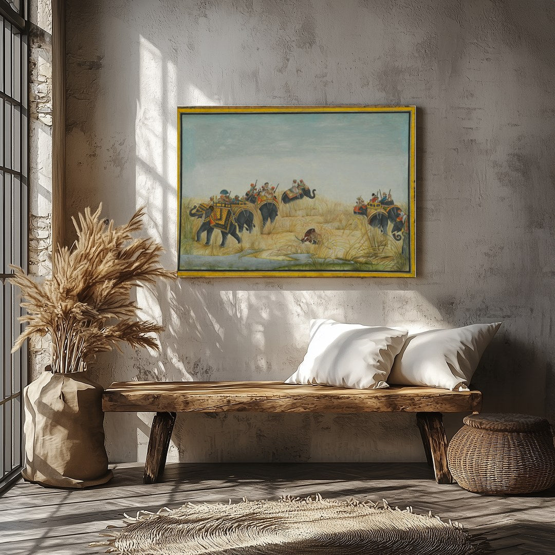 Step into a bygone era with this exquisite artwork showcasing a majestic elephant procession amidst for Veranda
