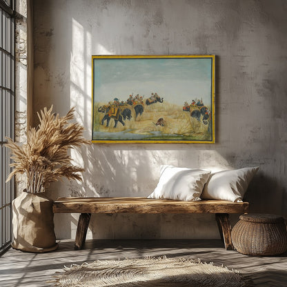 Step into a bygone era with this exquisite artwork showcasing a majestic elephant procession amidst for Veranda