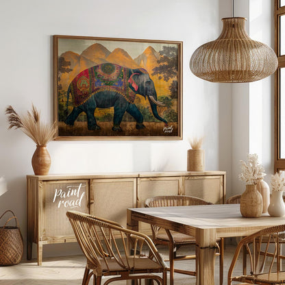This majestic artwork depicts a beautifully adorned elephant walking gracefully across a grand land… for dining room