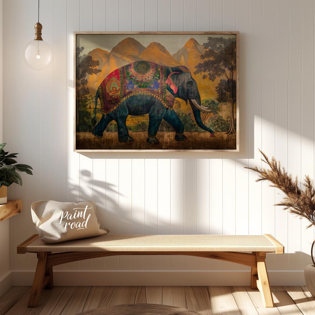 This majestic artwork depicts a beautifully adorned elephant walking gracefully across a grand land… for entryway