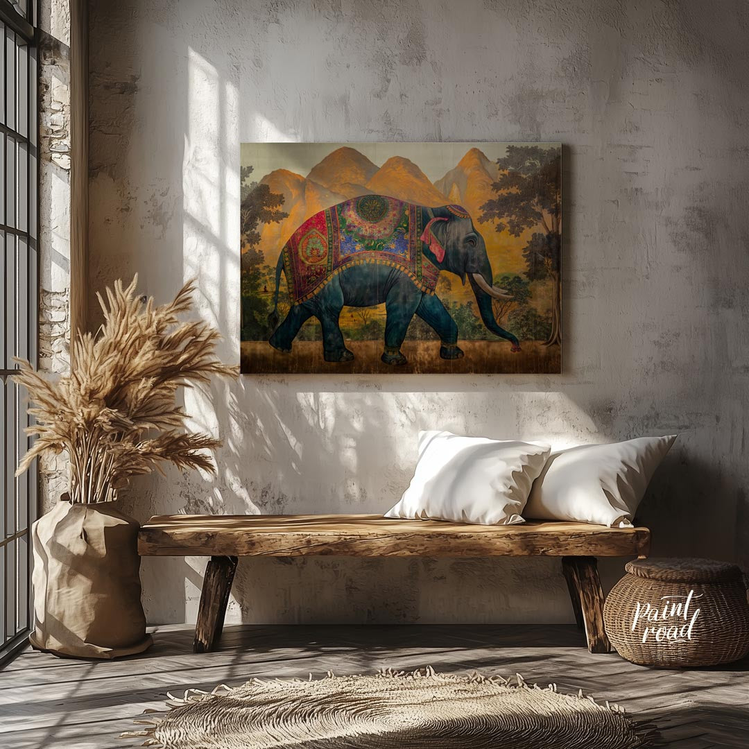 This majestic artwork depicts a beautifully adorned elephant walking gracefully across a grand land… for entryway
