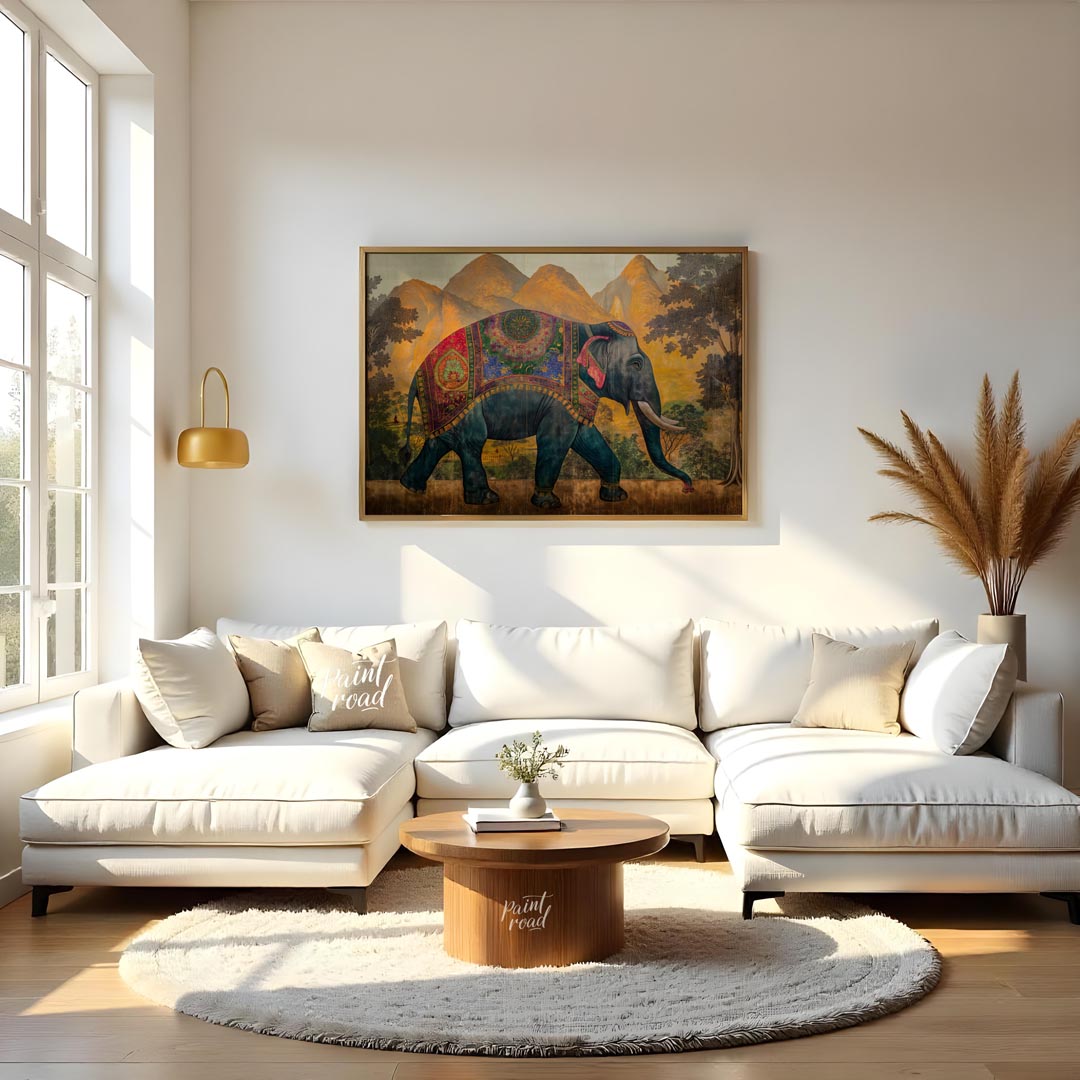 This majestic artwork depicts a beautifully adorned elephant walking gracefully across a grand land… for living room