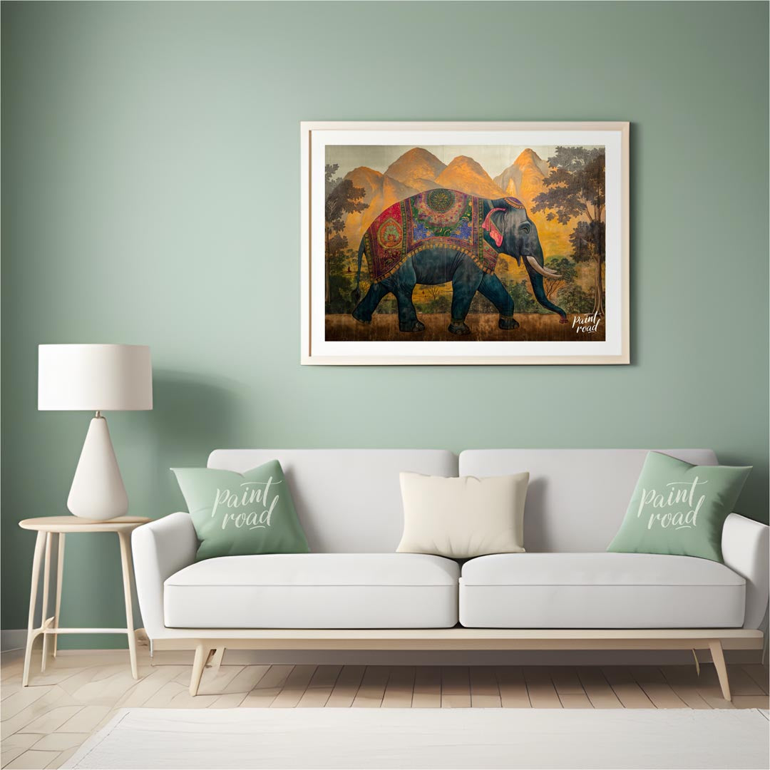 This majestic artwork depicts a beautifully adorned elephant walking gracefully across a grand land… for living room