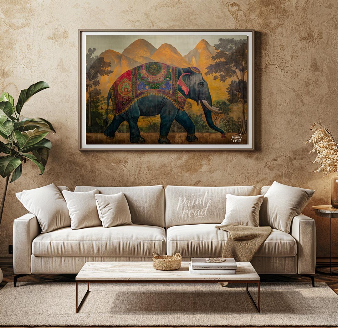 This majestic artwork depicts a beautifully adorned elephant walking gracefully across a grand land… for living room