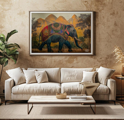 This majestic artwork depicts a beautifully adorned elephant walking gracefully across a grand land… for living room