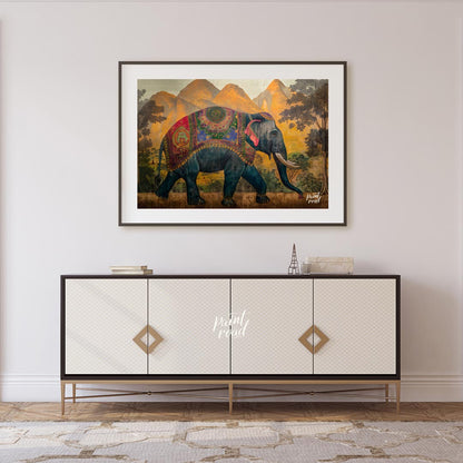 This majestic artwork depicts a beautifully adorned elephant walking gracefully across a grand land… for living room