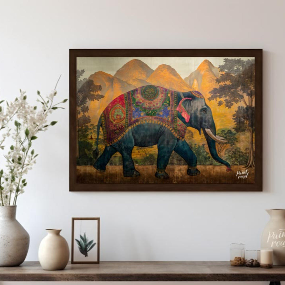 This majestic artwork depicts a beautifully adorned elephant walking gracefully across a grand land… for living room