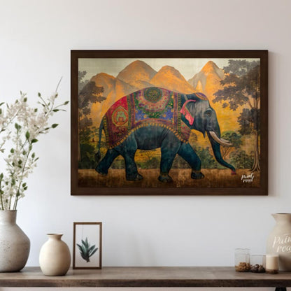 This majestic artwork depicts a beautifully adorned elephant walking gracefully across a grand land… for living room