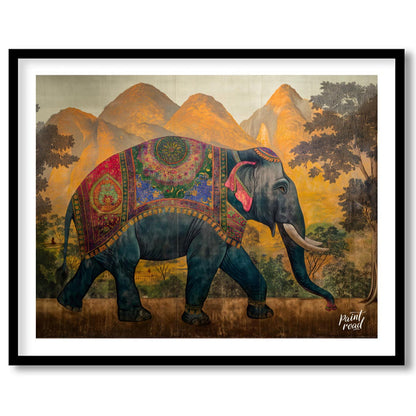 This majestic artwork depicts a beautifully adorned elephant walking gracefully across a grand land… for office