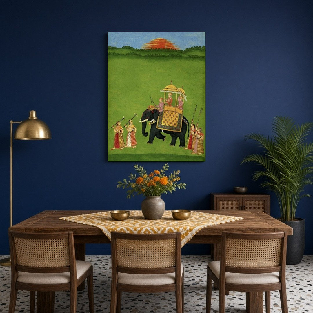 This captivating artwork features a grand procession with a richly adorned elephant carrying royal for Dining