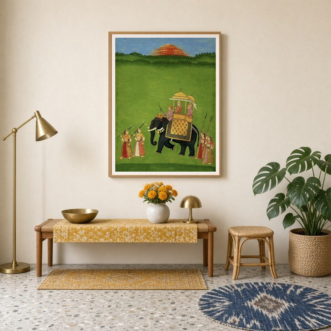 This captivating artwork features a grand procession with a richly adorned elephant carrying royal for Entrance