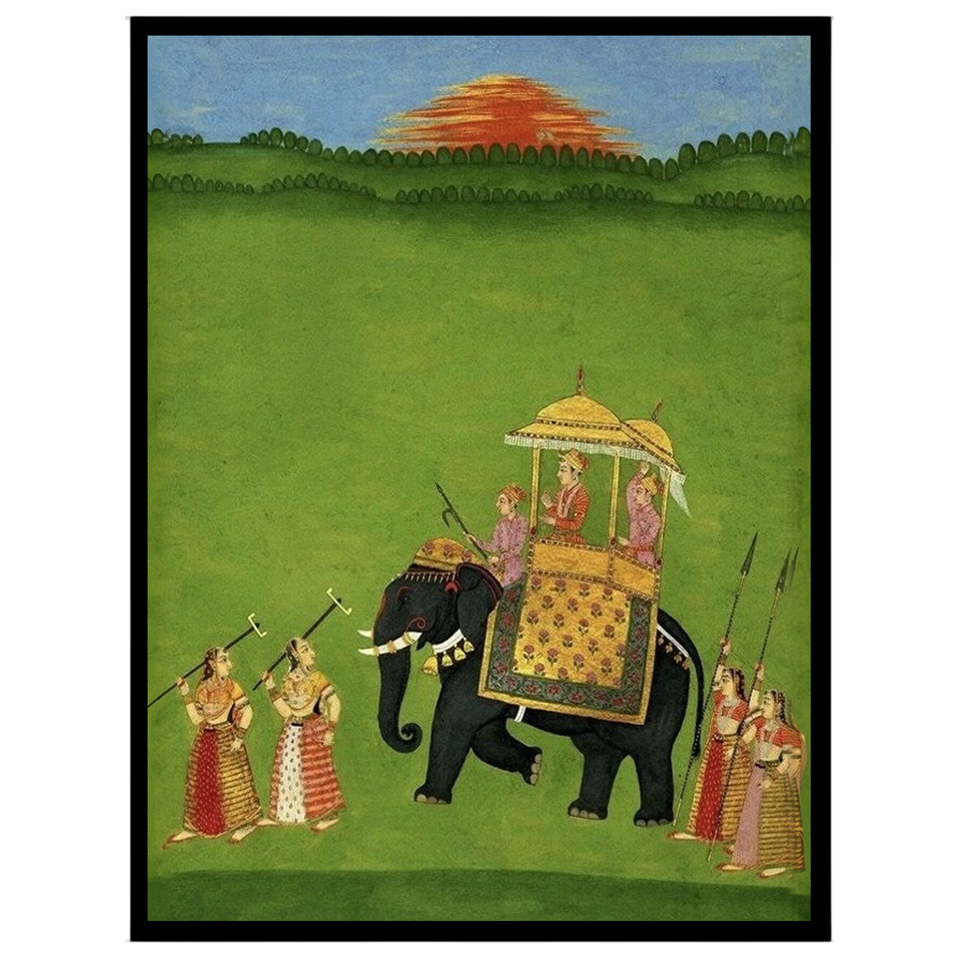 This captivating artwork features a grand procession with a richly adorned elephant carrying royal for hallway