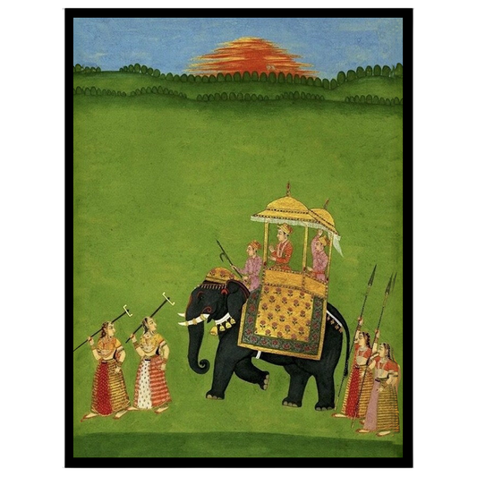 This captivating artwork features a grand procession with a richly adorned elephant carrying royal for hallway