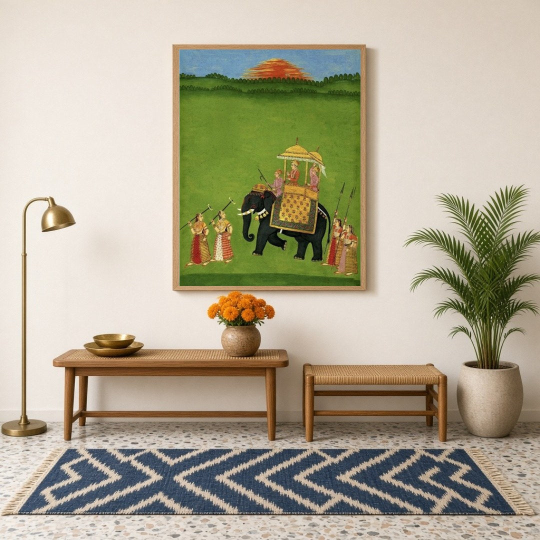 This captivating artwork features a grand procession with a richly adorned elephant carrying royal for haven