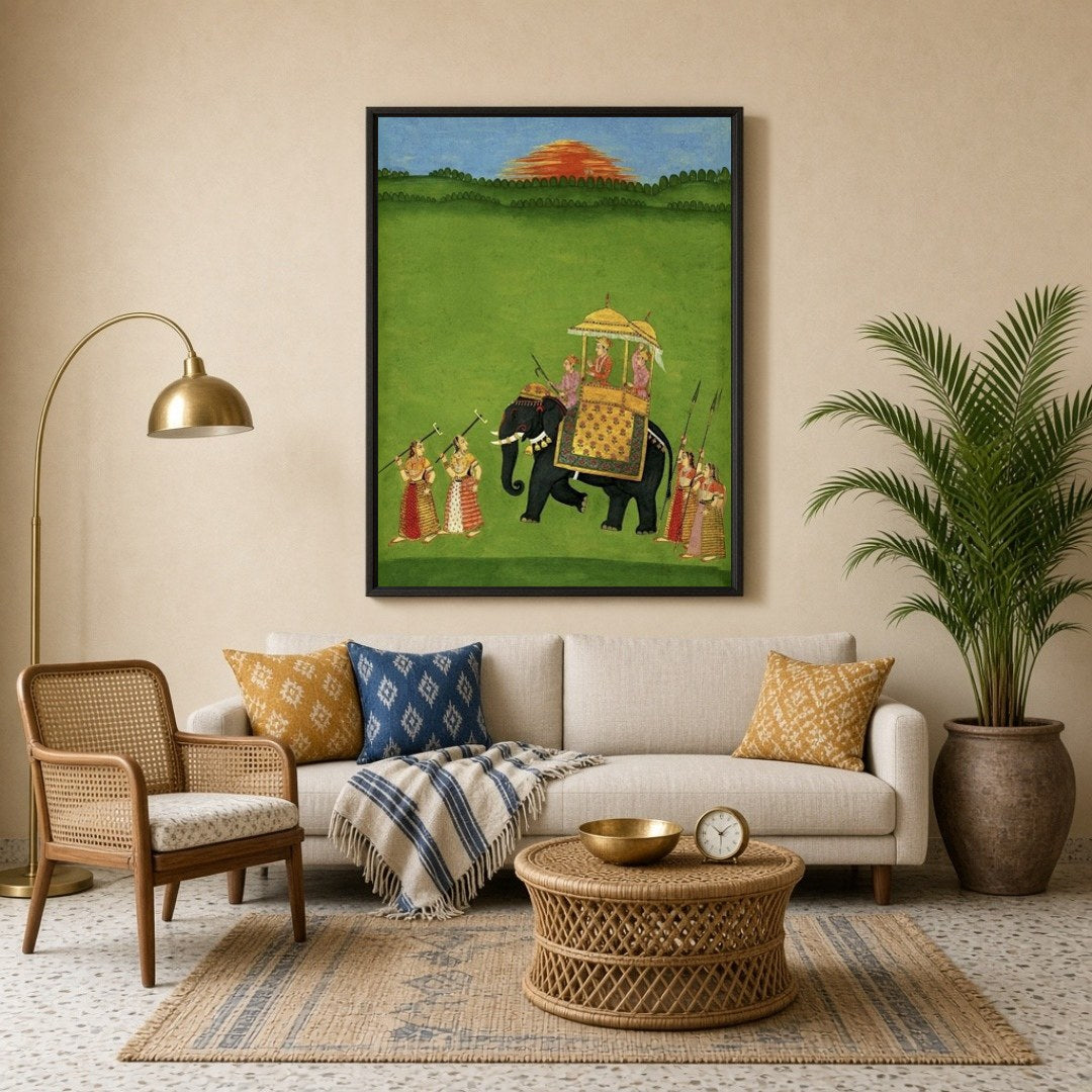 This captivating artwork features a grand procession with a richly adorned elephant carrying royal for Living Room