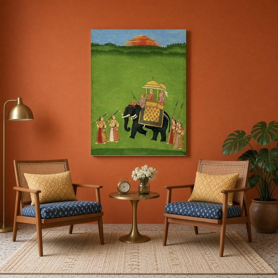 This captivating artwork features a grand procession with a richly adorned elephant carrying royal for Sitting Area