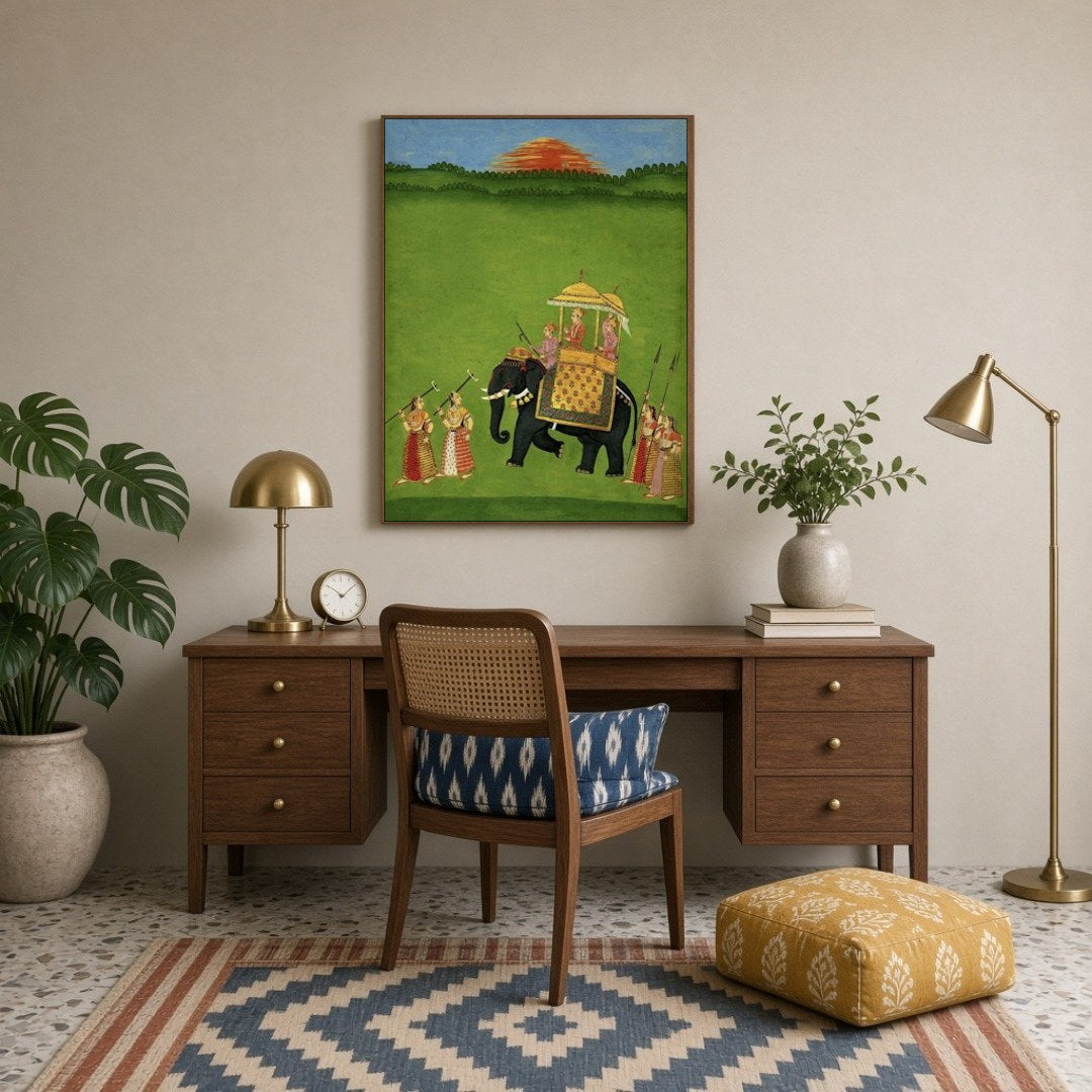 This captivating artwork features a grand procession with a richly adorned elephant carrying royal for Study