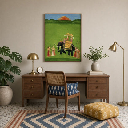 This captivating artwork features a grand procession with a richly adorned elephant carrying royal for Study