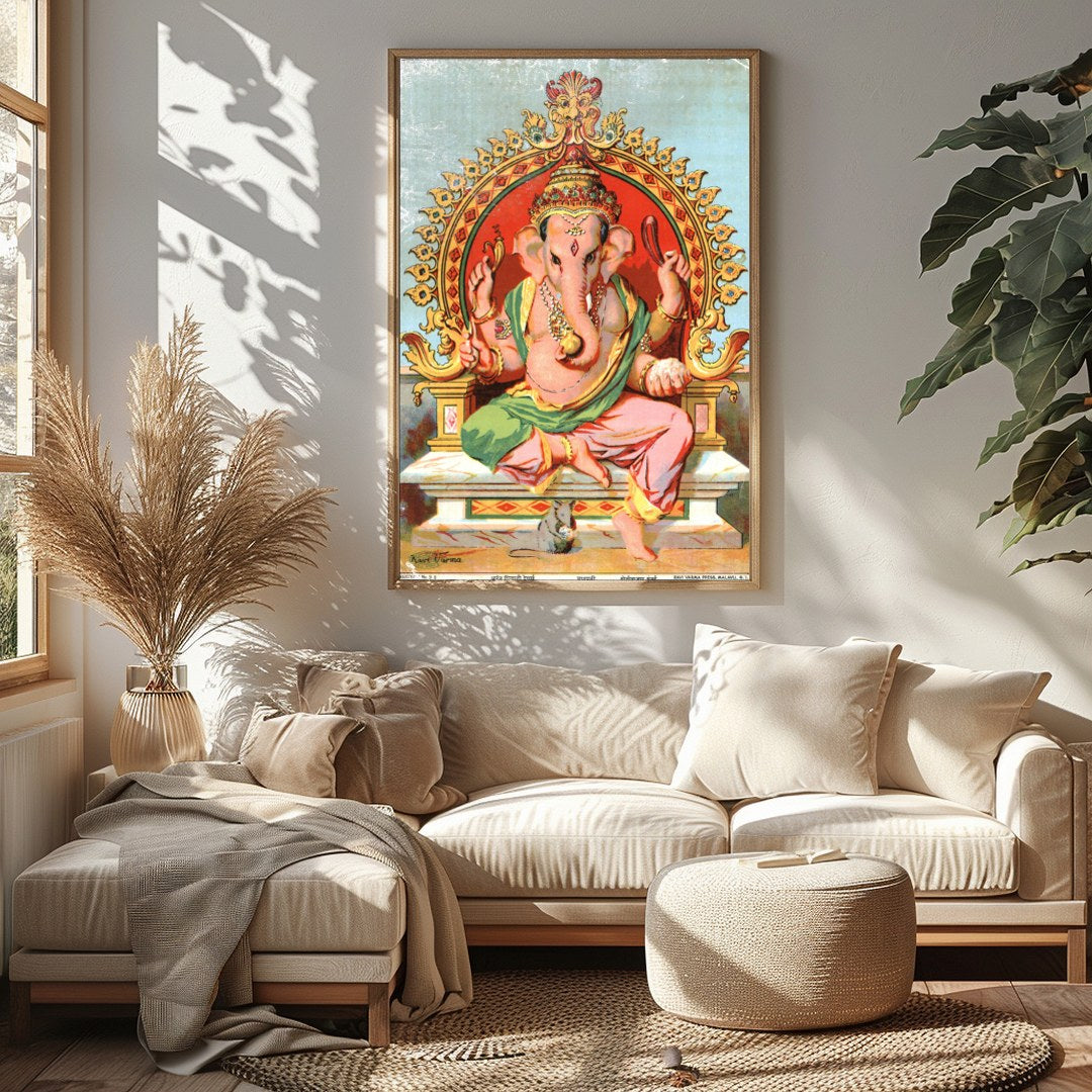 Experience the divine elegance of Lord Ganesh depicted in vibrant colors and intricate details. for Sitting Area