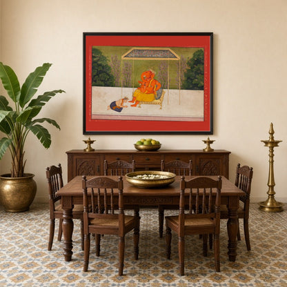 Immerse yourself in the serene aura of Lord Ganesha, seated majestically on a golden throne under for Dining